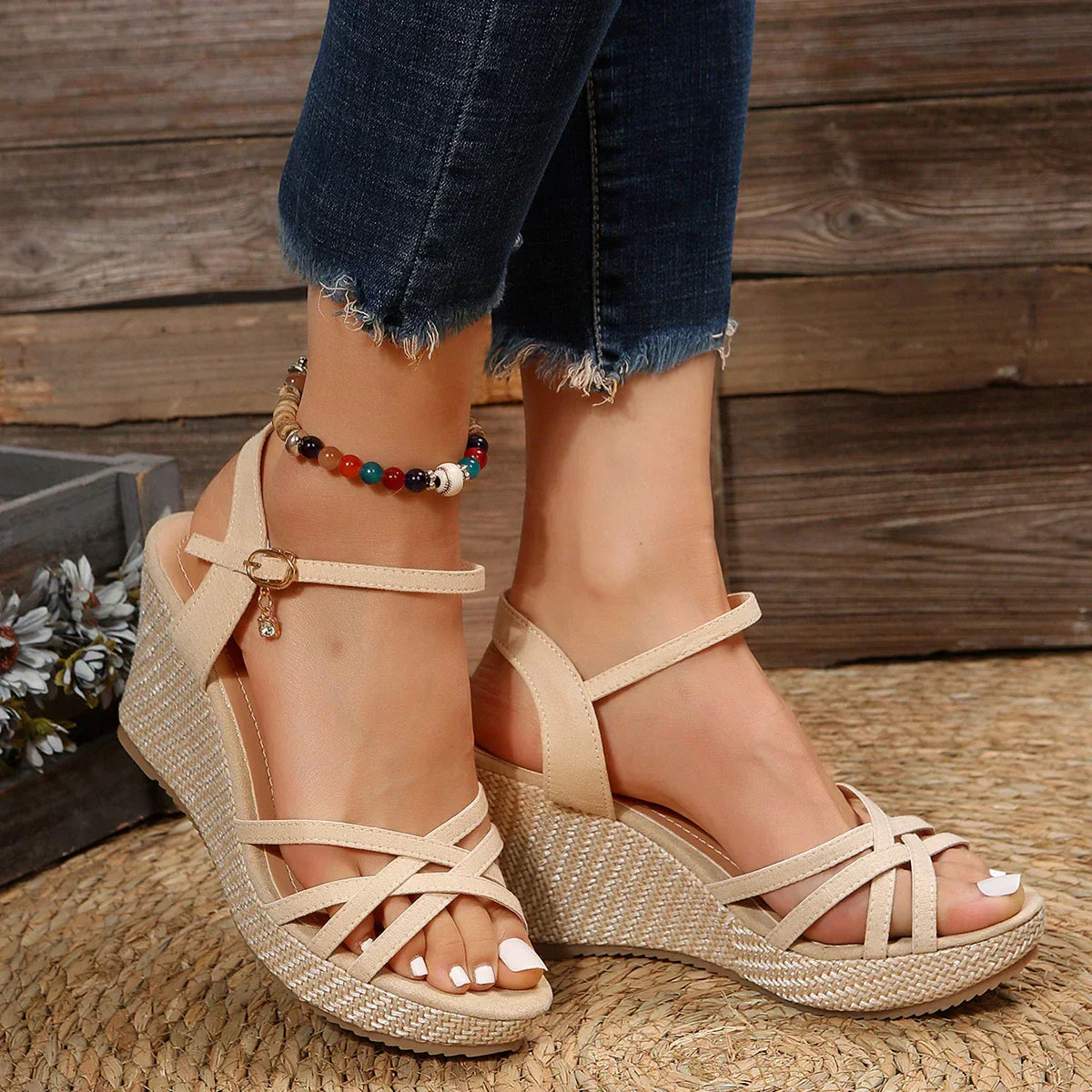 Damen Plateau-Wedges Sandalen mit Kreuzriemen und Verstellbarer
