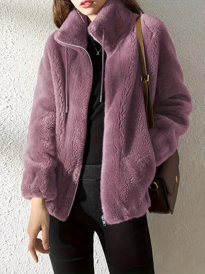 Damen Fleecejacke Teddylook Reißverschluss Warm Beige