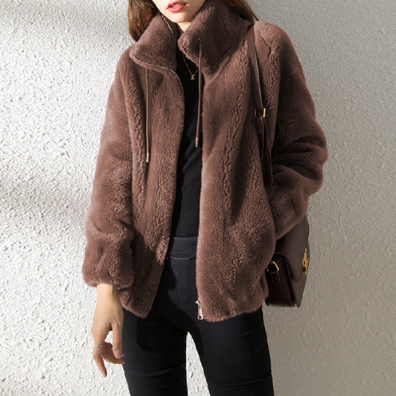 Damen Fleecejacke Teddylook Reißverschluss Warm Beige