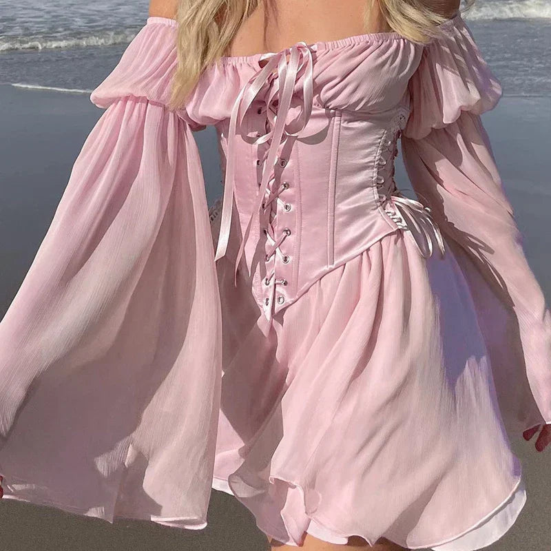 Norvielle Damen Korsettkleid Schulterfrei Weite Ärmel