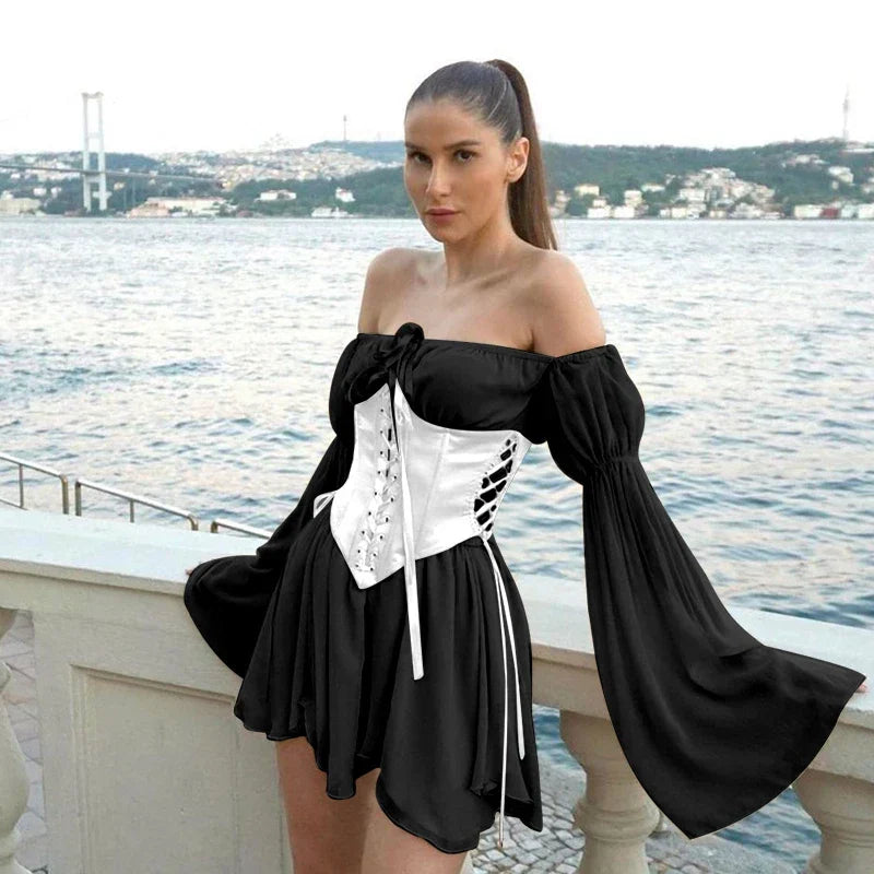 Norvielle Damen Korsettkleid Schulterfrei Weite Ärmel