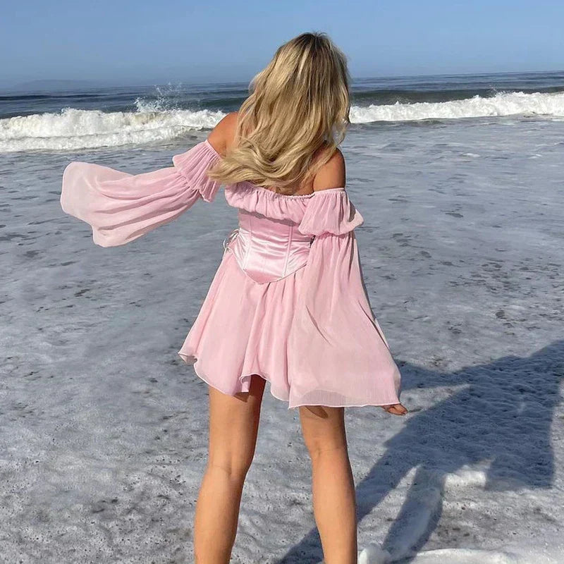 Norvielle Damen Korsettkleid Schulterfrei Weite Ärmel - Norvielle
