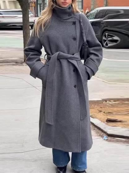 Damen Winter-Trenchcoat mit Gürtel Schwarz - Norvielle
