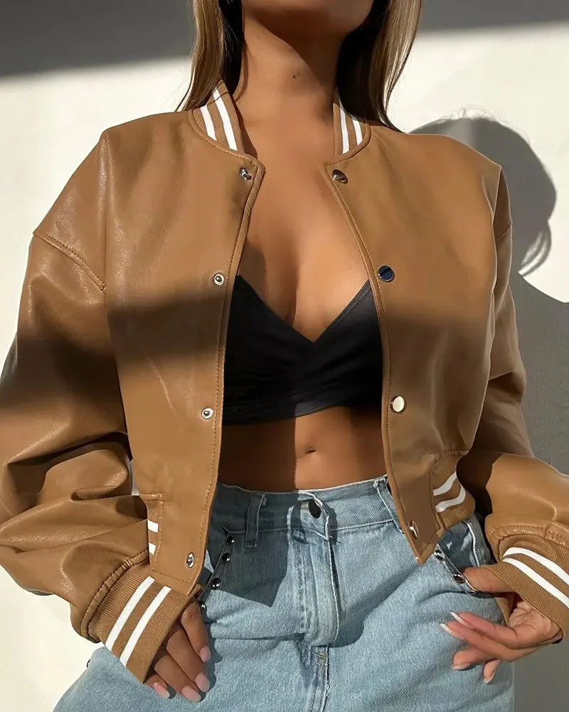 Damen Cropped Bomberjacke Baumwolle Druckknöpfe