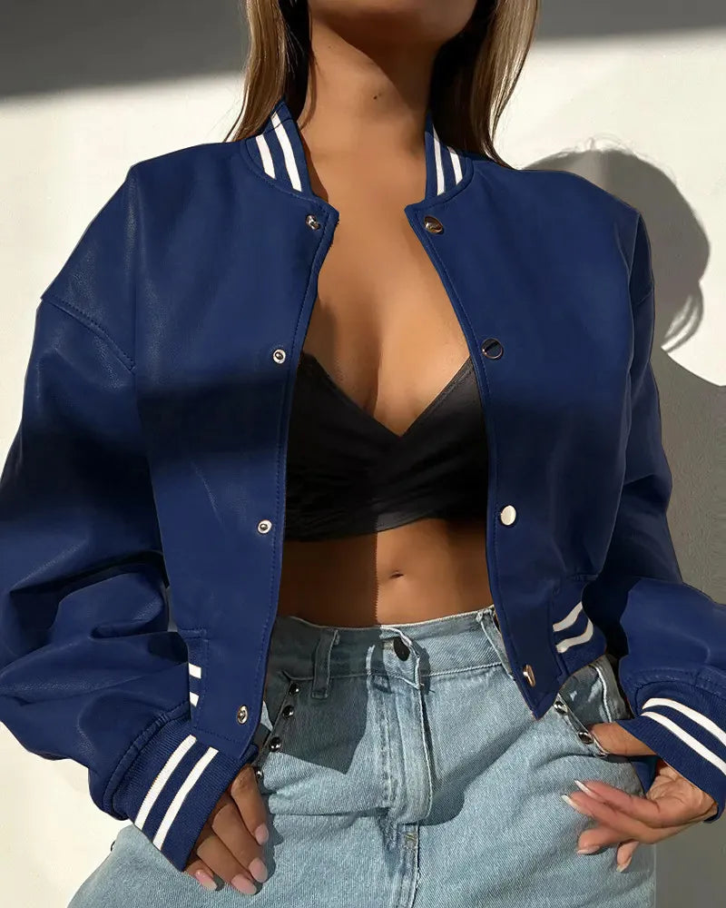 Damen Cropped Bomberjacke Baumwolle Druckknöpfe