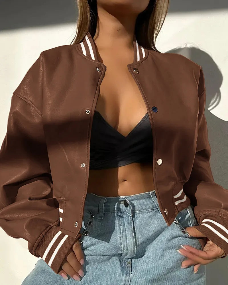 Damen Cropped Bomberjacke Baumwolle Druckknöpfe - Norvielle