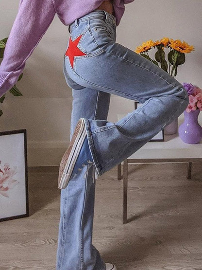 Hohe Damen-Jeans Flared mit Sternen-Applikation Vintage-Stil - Norvielle