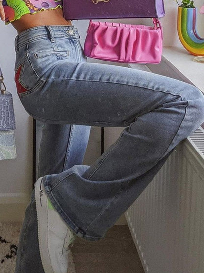 Hohe Damen-Jeans Flared mit Sternen-Applikation Vintage-Stil