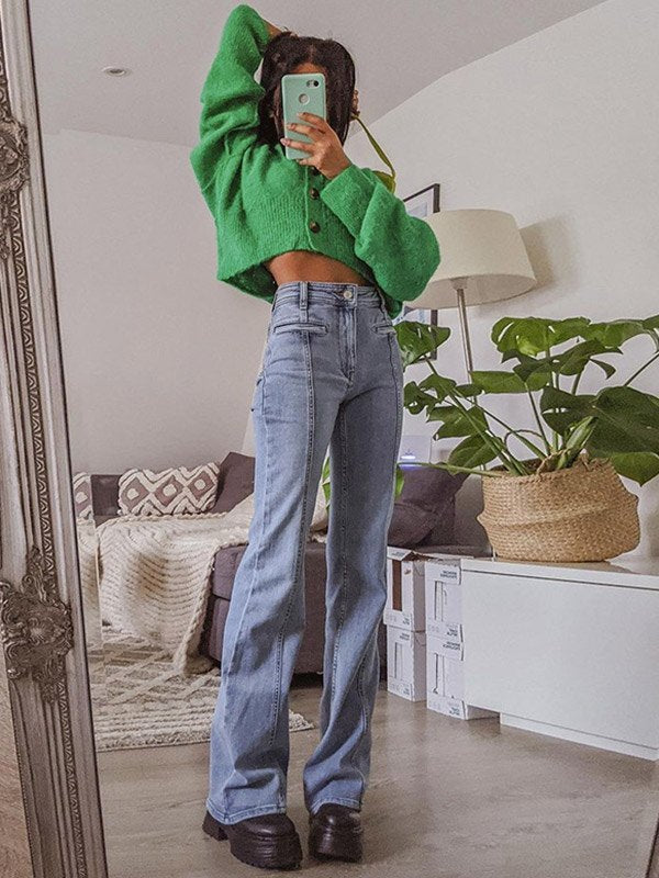 Hohe Damen-Jeans Flared mit Sternen-Applikation Vintage-Stil