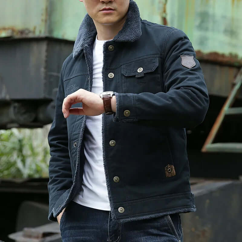 Fleece gefütterte Jacke | Button-Up | Brusttasche | Winterjacke | Herrenjacke-Blau-M-Chaps Herrenmode