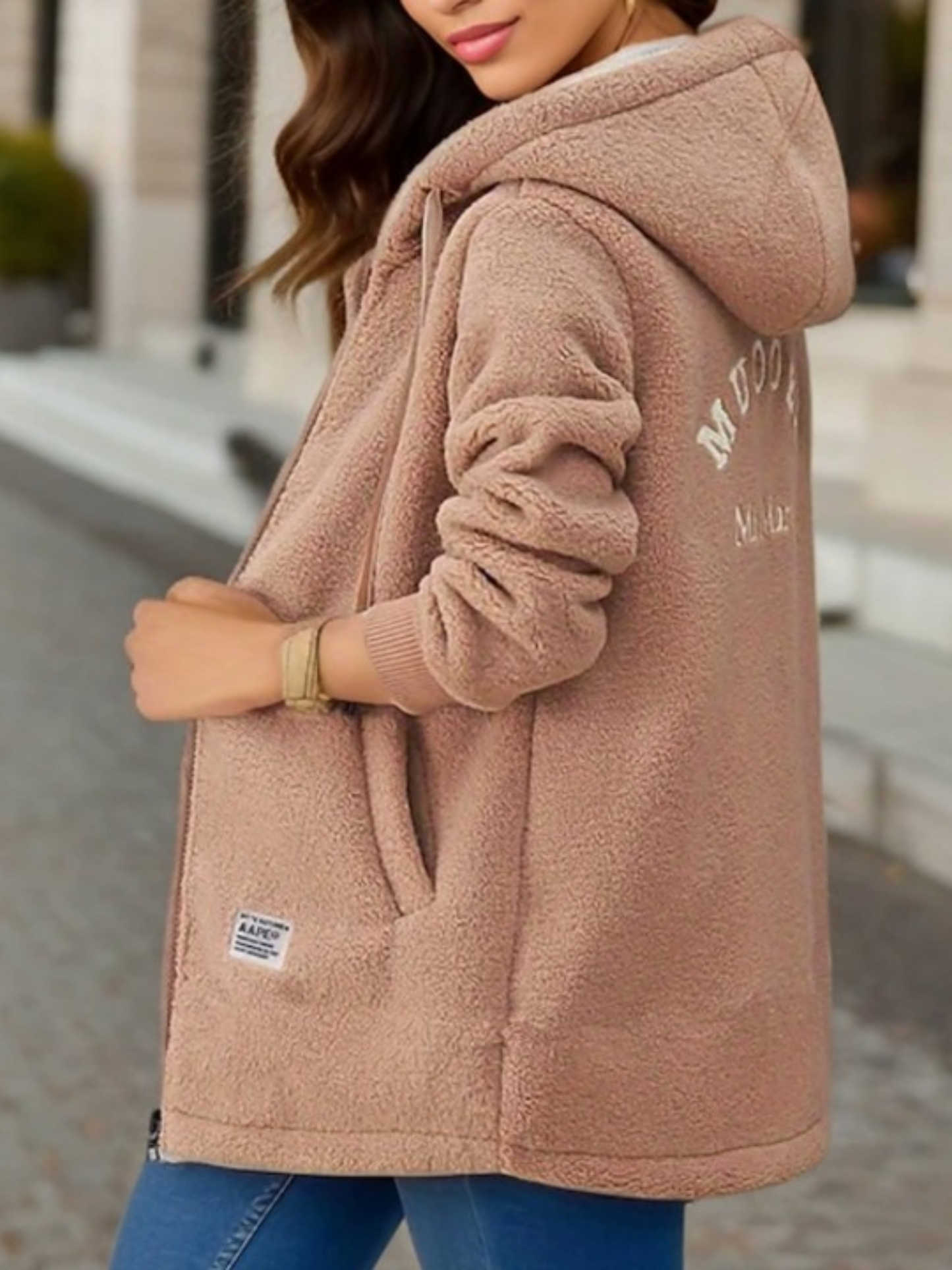 Damen Fleecejacke Mit Kapuze Längere Länge