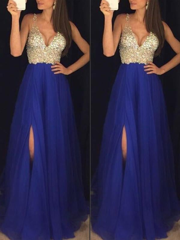 Fließendes Elarova Maxikleid mit seitlichem Pailletten-Schlitz und V-Ausschnitt
