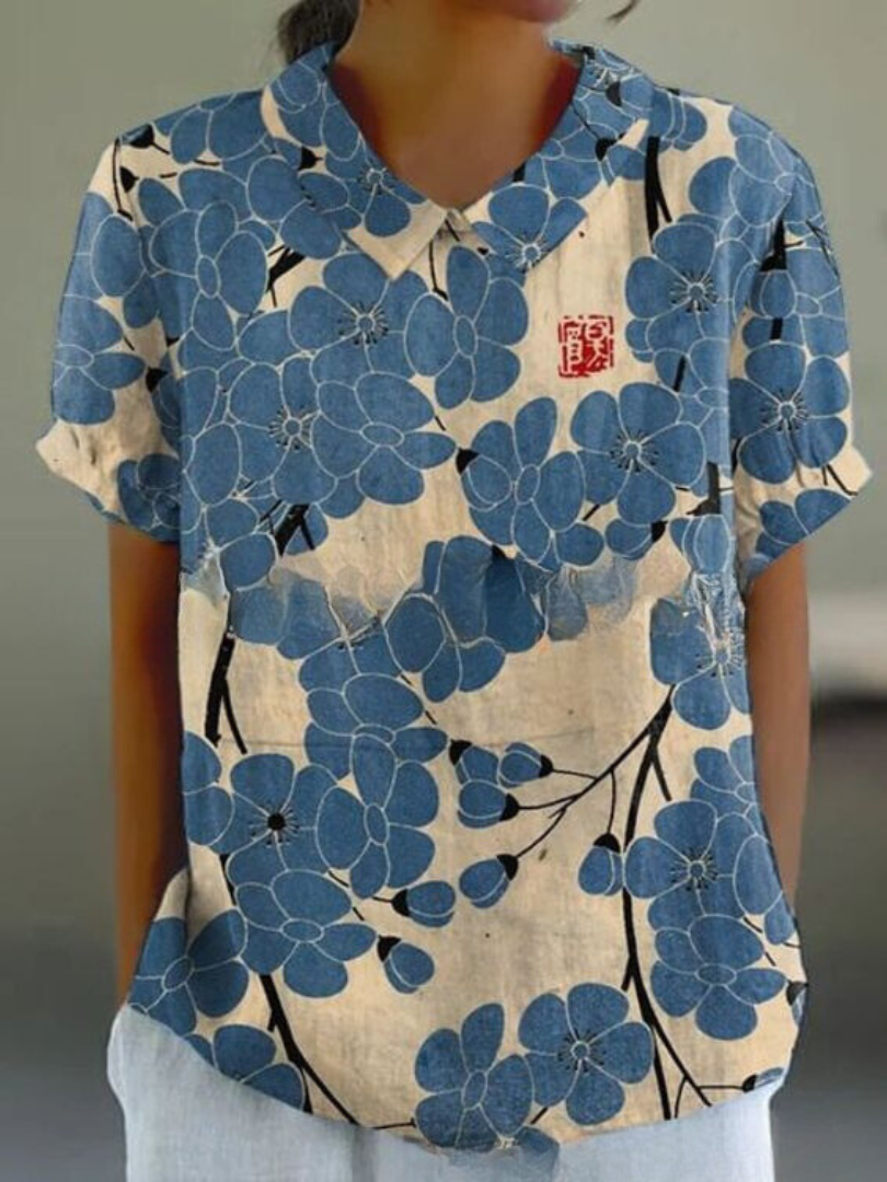 Damen Blumendruck Hemd Sommer Leicht Baumwolle Weiss