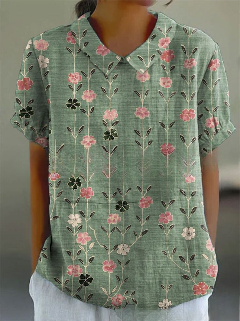 Damen Blumendruck Hemd Sommer Leicht Baumwolle Weiss