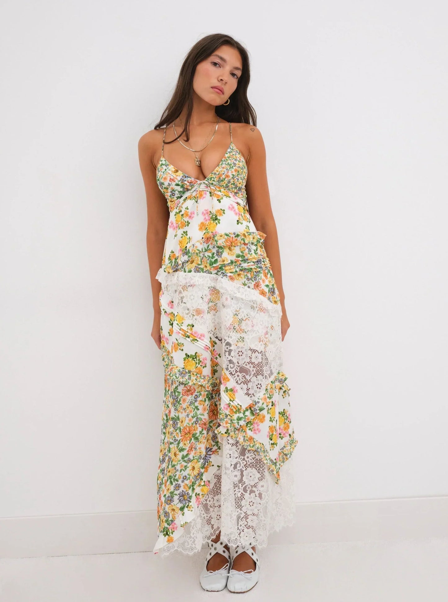 Damen Maxikleid Blumenmuster Spitze Spaghettiträger