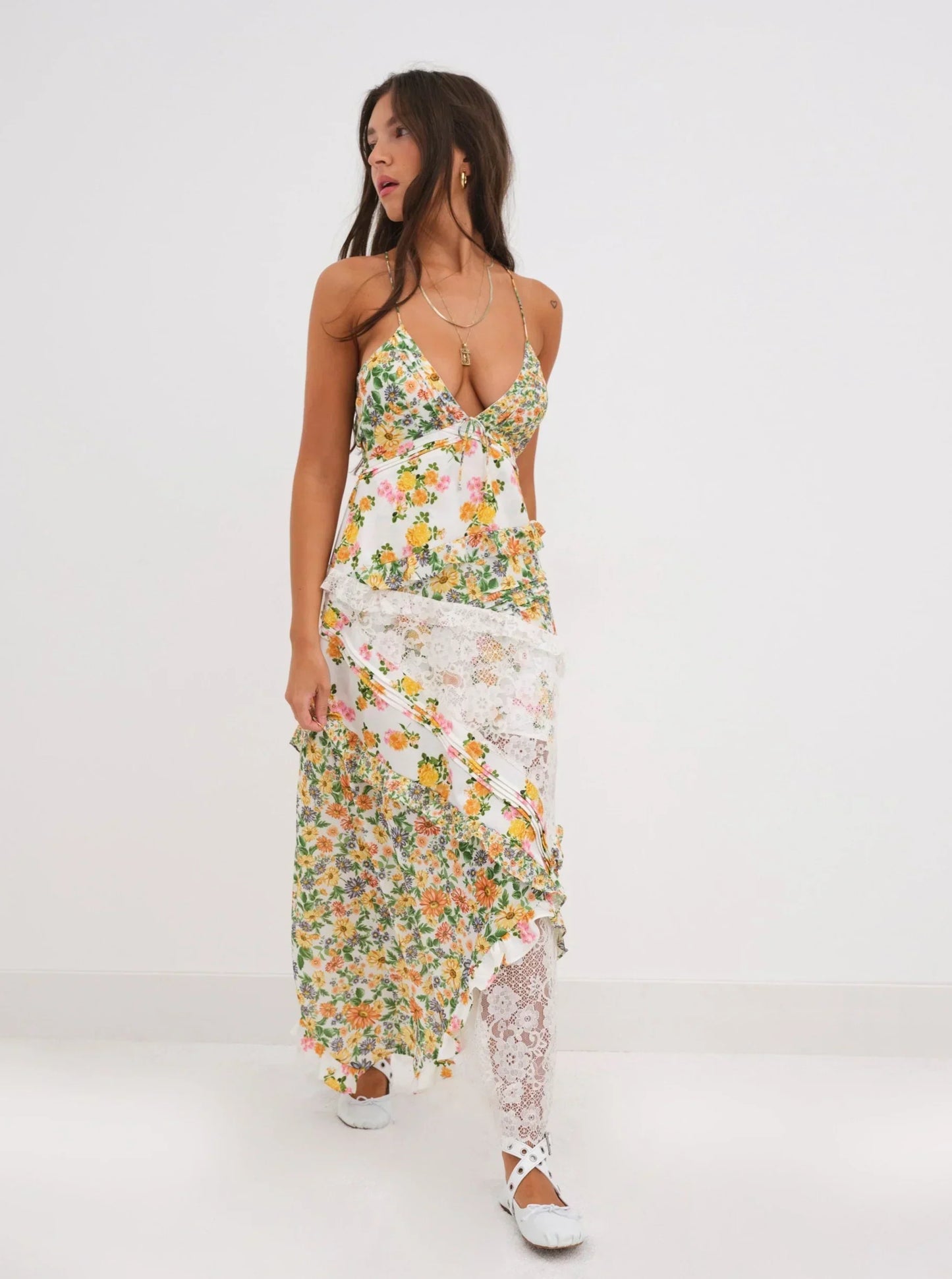 Damen Maxikleid Blumenmuster Spitze Spaghettiträger
