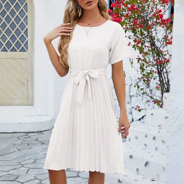 Damen Leinenkleid mit Taillengürtel Kurzarm Faltenrock Beige