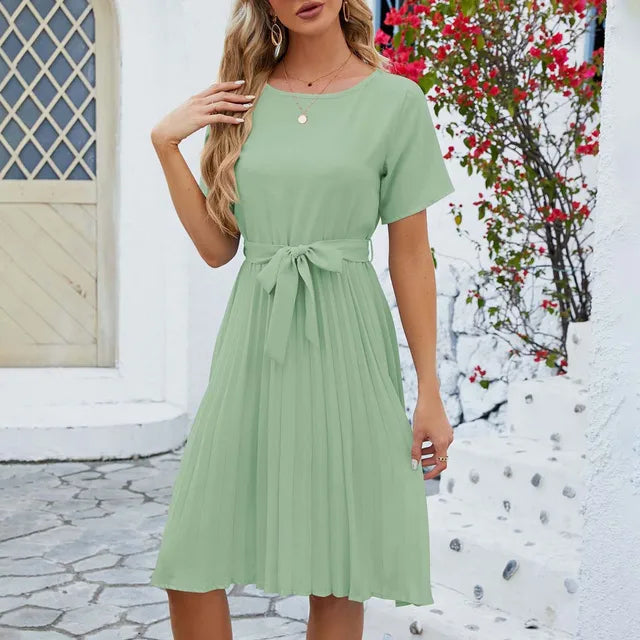 Damen Leinenkleid mit Taillengürtel Kurzarm Faltenrock Beige - Norvielle
