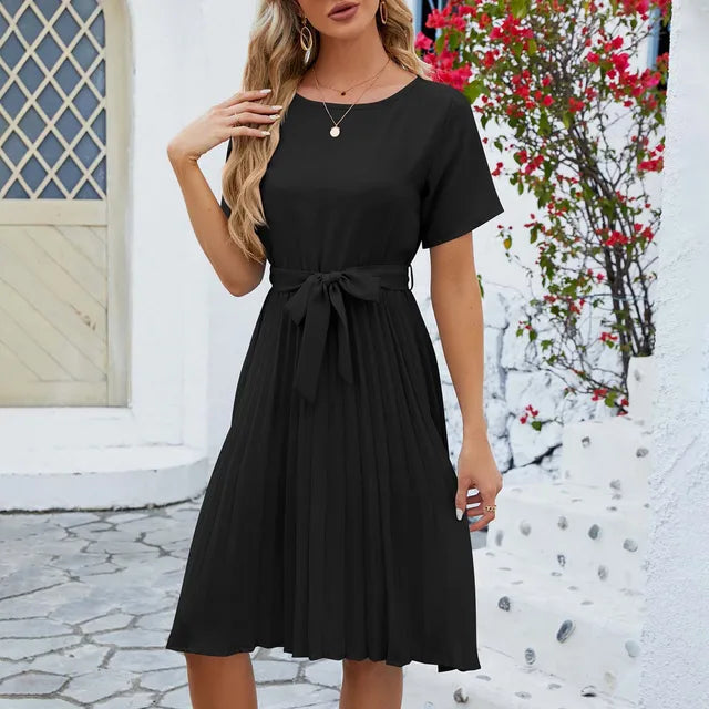 Damen Leinenkleid mit Taillengürtel Kurzarm Faltenrock Beige