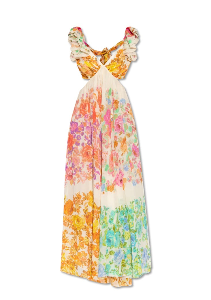 Damen Maxikleid Blumenmuster V-Ausschnitt Rüschen-Träger