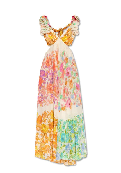 Damen Maxikleid Blumenmuster V-Ausschnitt Rüschen-Träger