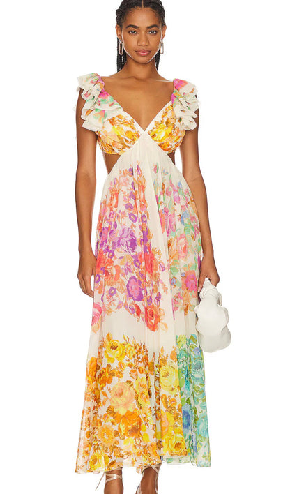 Damen Maxikleid Blumenmuster V-Ausschnitt Rüschen-Träger