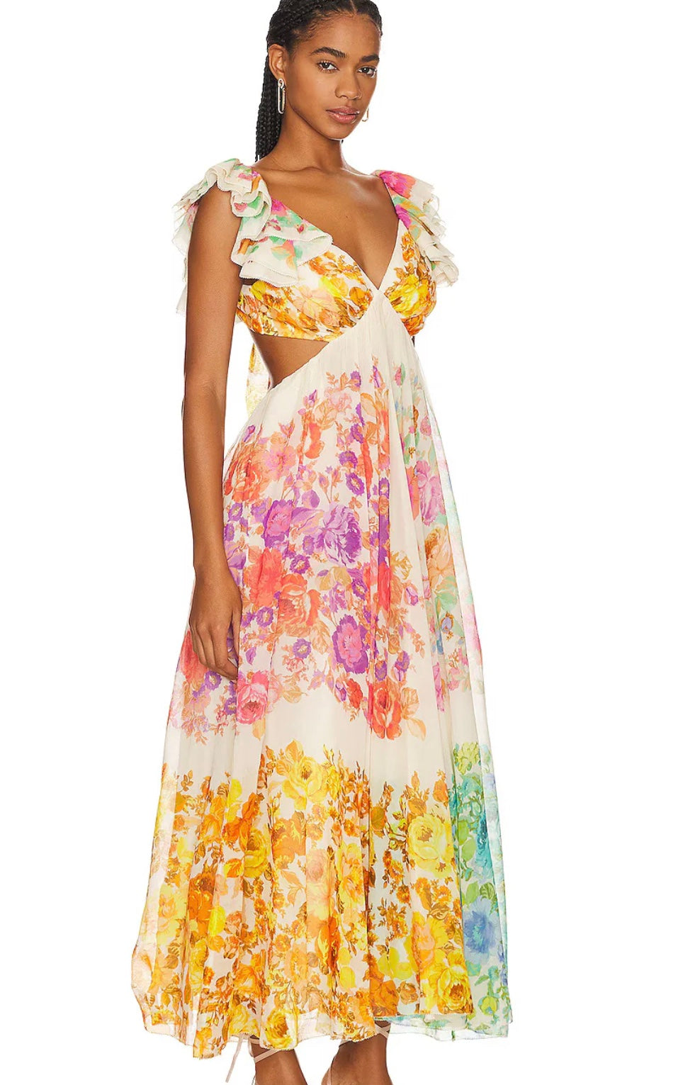 Damen Maxikleid Blumenmuster V-Ausschnitt Rüschen-Träger