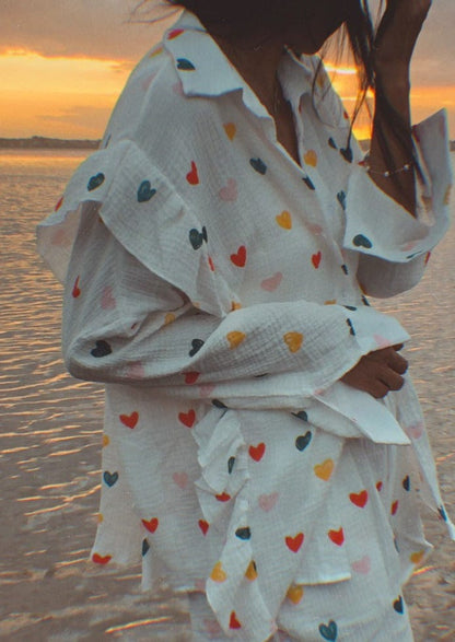 Damen Zweiteiler-Set Herz-Print Leicht Sommer