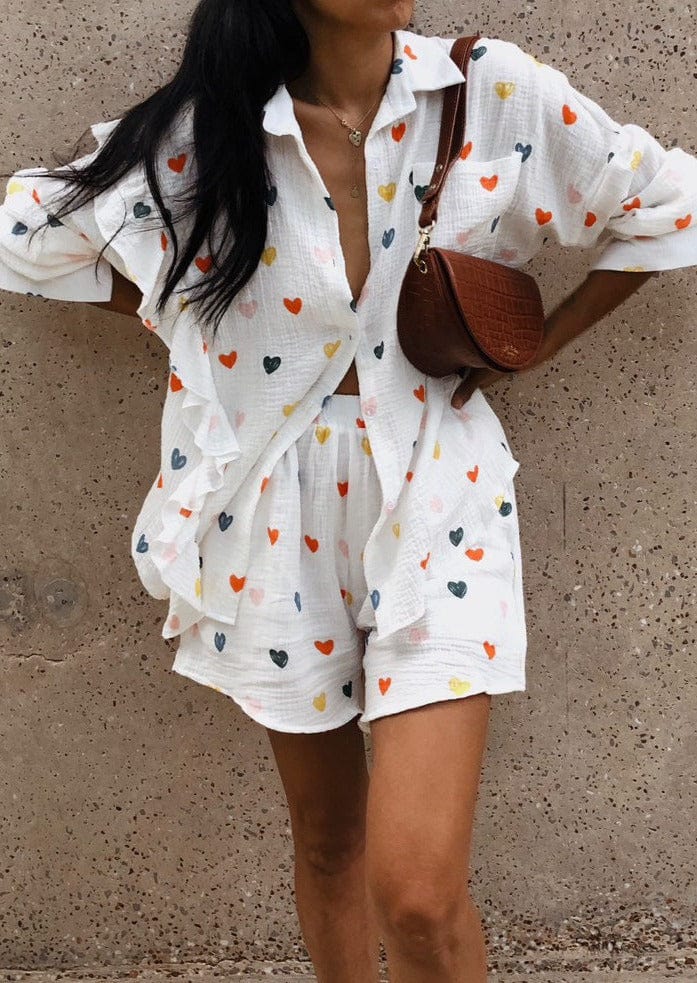 Damen Zweiteiler-Set Herz-Print Leicht Sommer