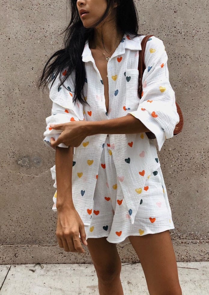 Damen Zweiteiler-Set Herz-Print Leicht Sommer