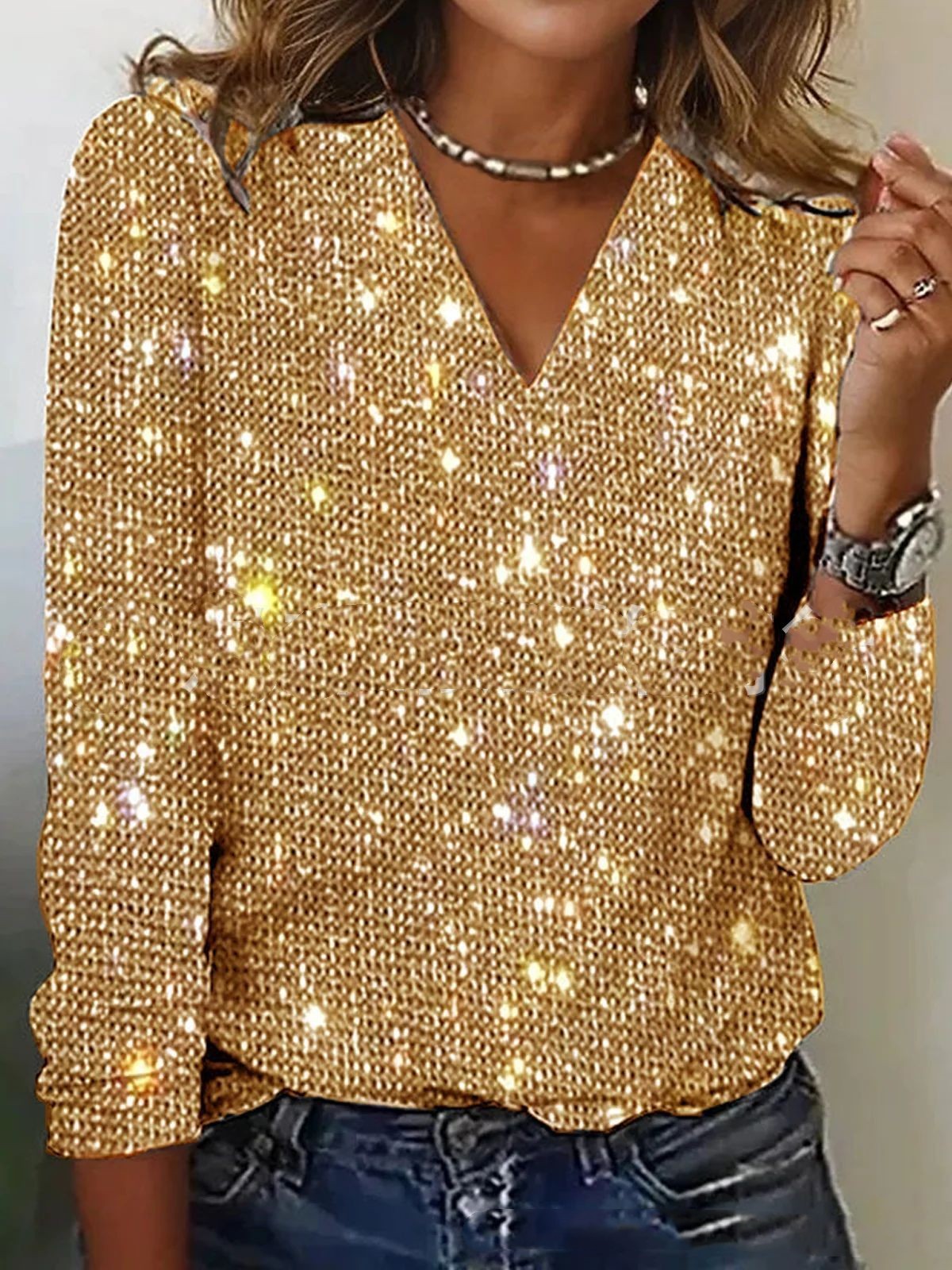 Damen Bluse V-Ausschnitt Langarm Glitzerdetails