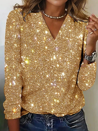 Damen Bluse V-Ausschnitt Langarm Glitzerdetails