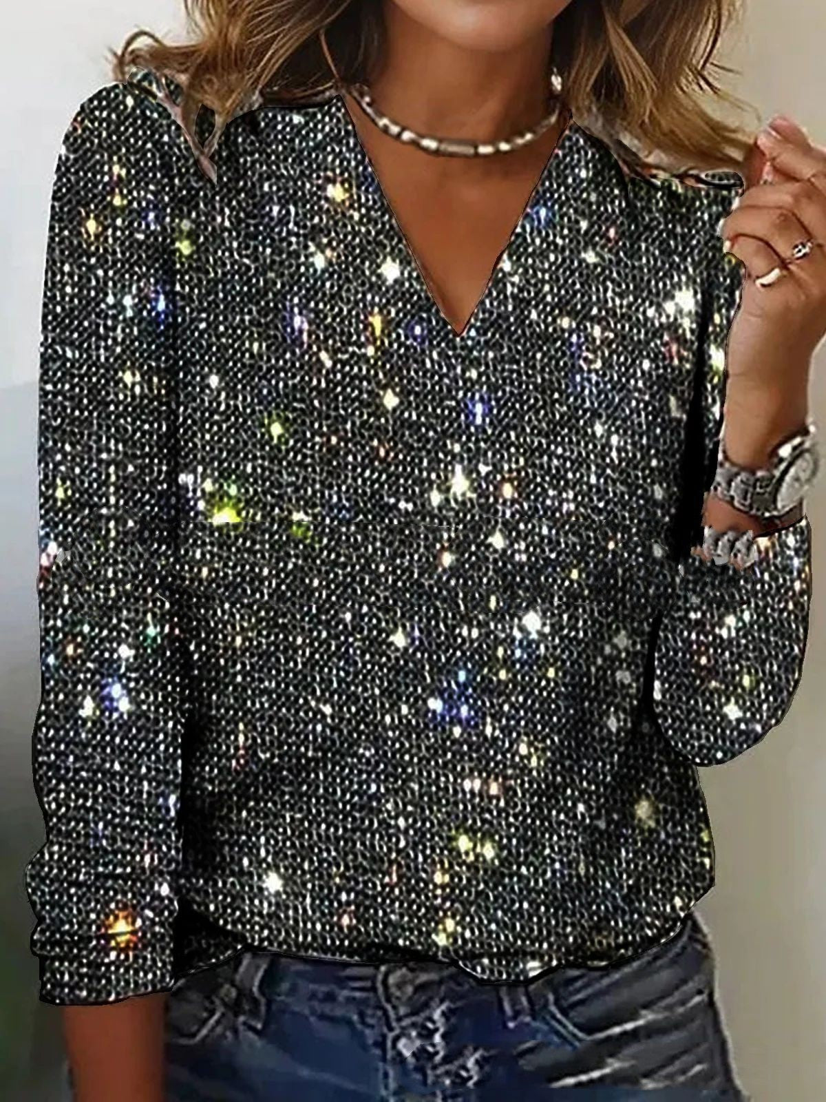 Damen Bluse V-Ausschnitt Langarm Glitzerdetails