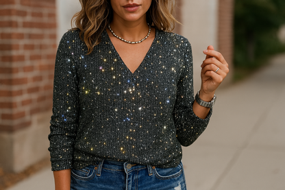Damen Bluse V-Ausschnitt Langarm Glitzerdetails - Norvielle