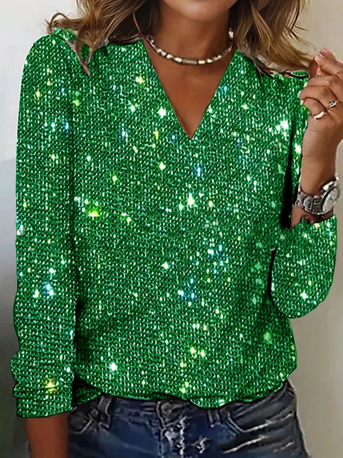 Damen Bluse V-Ausschnitt Langarm Glitzerdetails