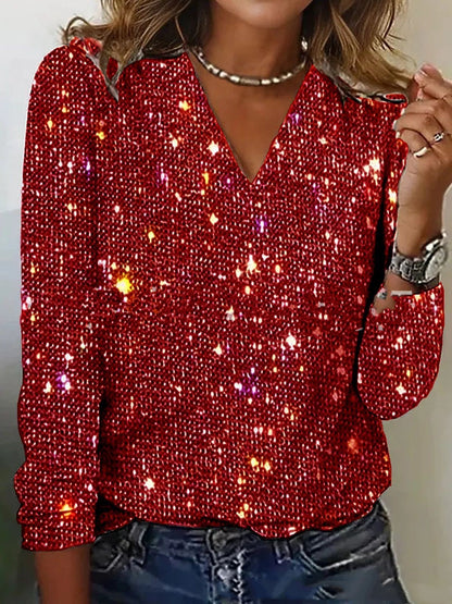 Damen Bluse V-Ausschnitt Langarm Glitzerdetails