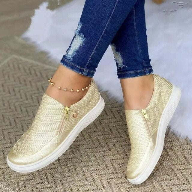 Damen Slip-On Plattformschuhe mit Reißverschluss Komfortabel
