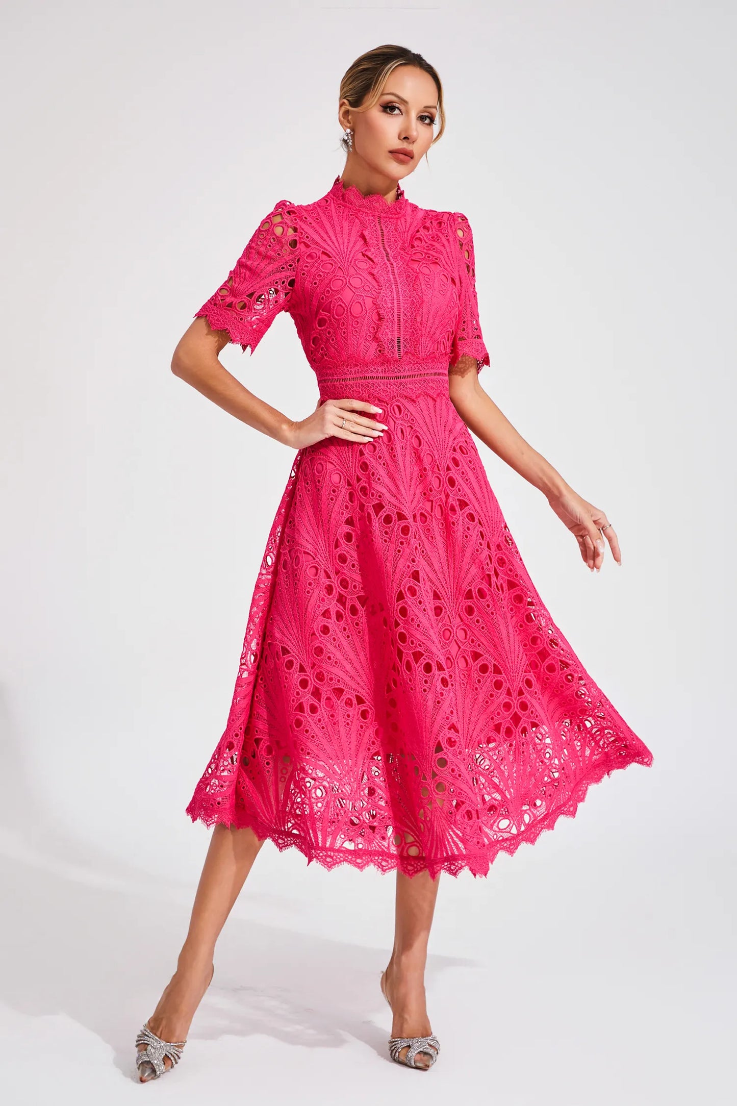 Damen Midi Kleid Spitze Schick