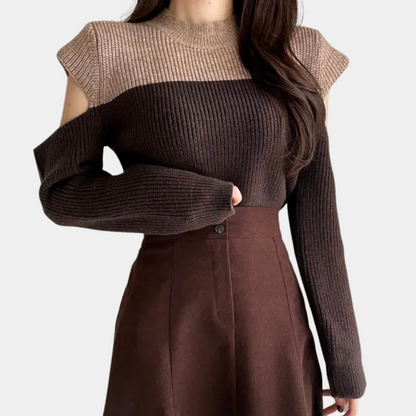 Damen Strickpullover Cut-Out Ärmel Zweifarben Rundhals