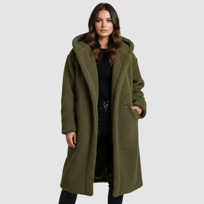 Damen Teddymantel Lang mit Kapuze
