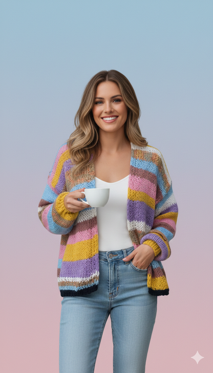 Norvielle Damen Strickpullover Gestreift Offene Vorderseite Mehrfarbig