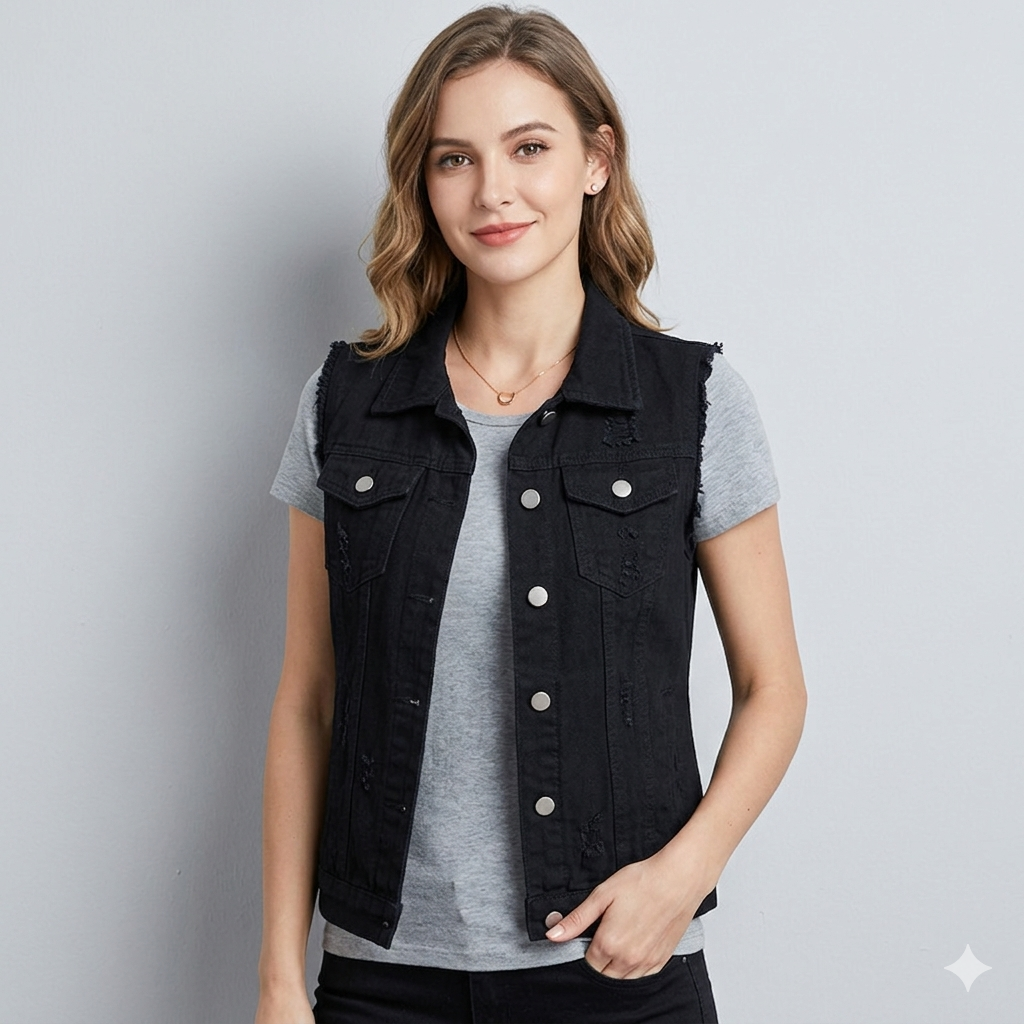 Damen Jeansweste Lässig Mit Taschen