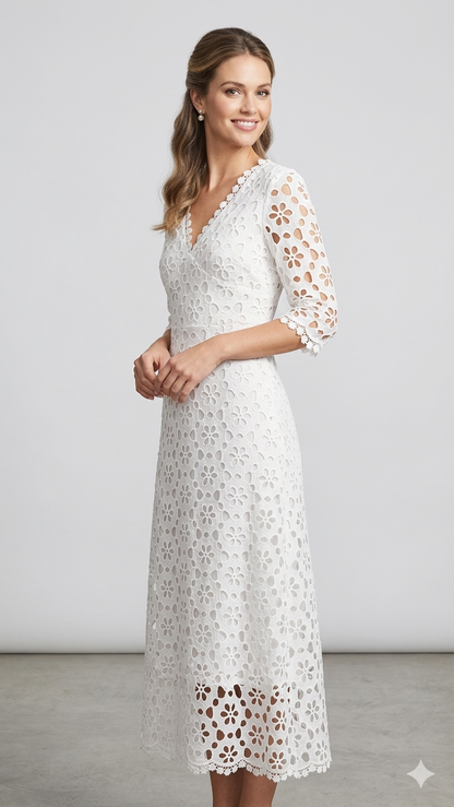 Damen Maxikleid Blumenstickerei V-Ausschnitt Norvielle