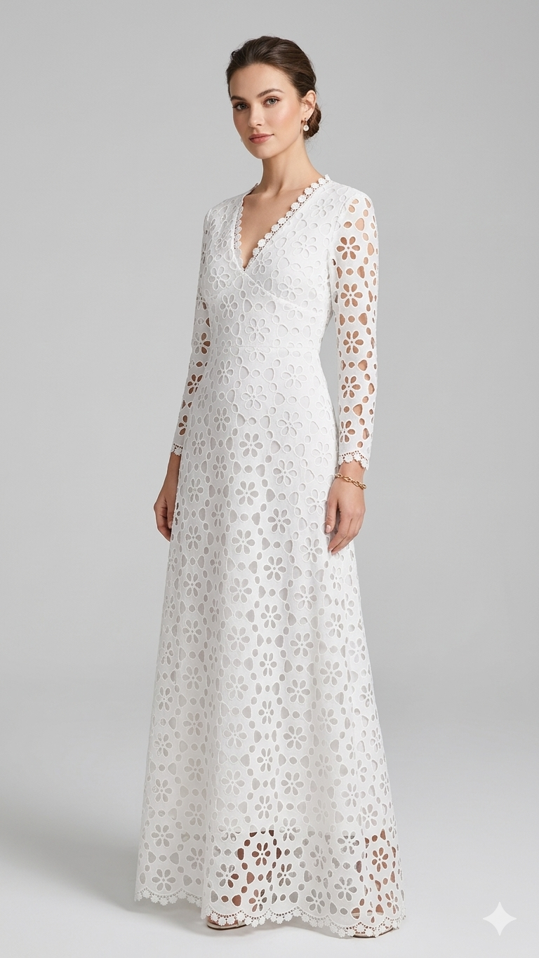 Damen Maxikleid Blumenstickerei V-Ausschnitt Norvielle