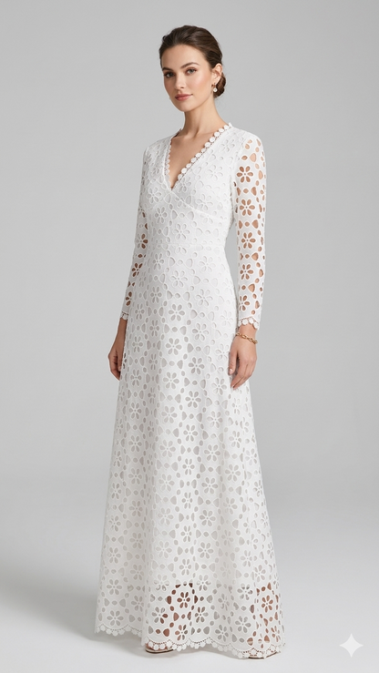 Damen Maxikleid Blumenstickerei V-Ausschnitt Norvielle