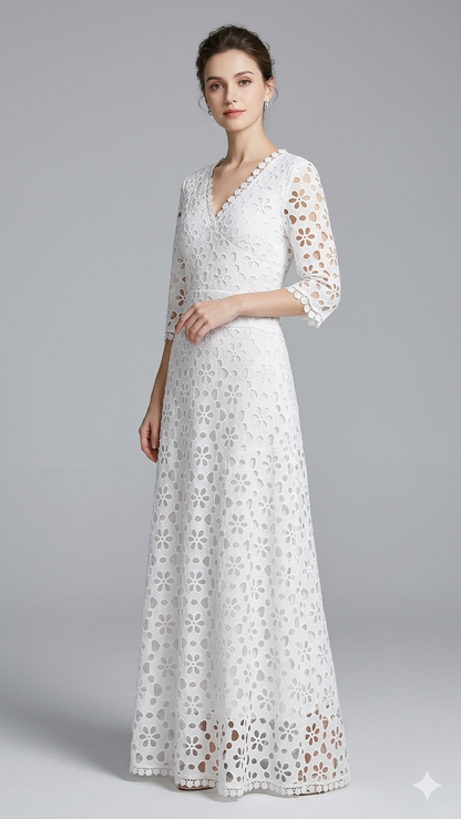 Damen Maxikleid Blumenstickerei V-Ausschnitt Norvielle