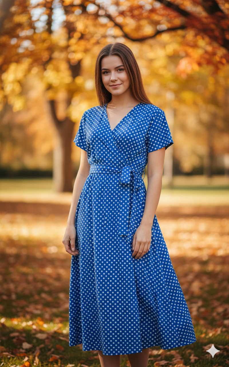 Damen Maxikleid Punkte V-Ausschnitt Bindegürtel