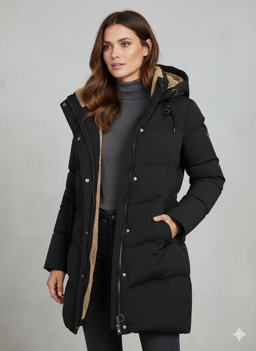 Damen Steppmantel Fleece Kapuze Reißverschluss
