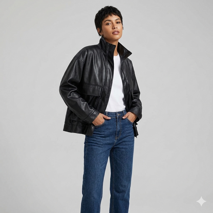 Damen Lederjacke Lässig Mit Taschen