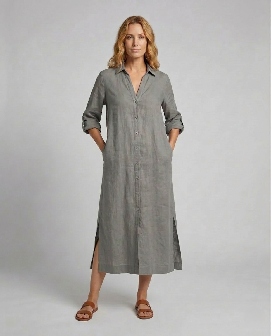 Damen Leinen Maxikleid mit Knöpfen Beige - Norvielle